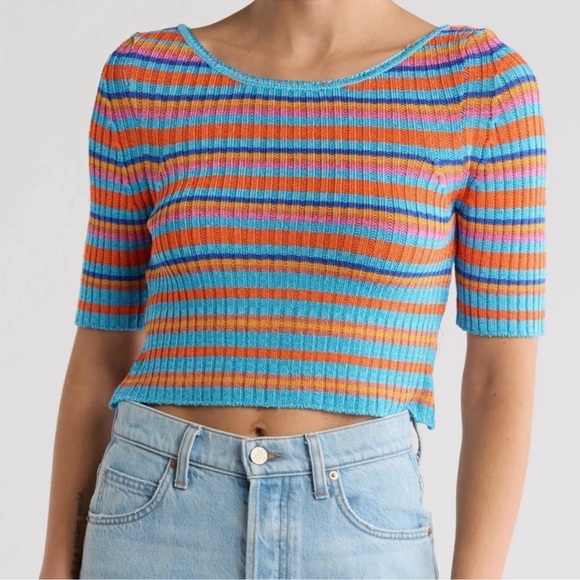 Free people San Lucas pull over sweater short sleeve top L NEW - tropical combo - Picture 8 of 11